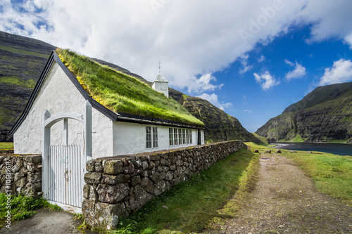 Small village church in Saksun located on the island of Streymoy, Faroe Islands, Denmark