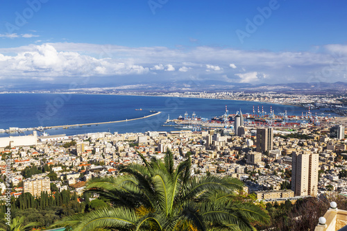 Beautiful panoramic view from Mount Carmel to cityscape and port in Haifa, Israel.