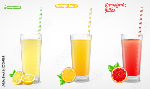 Grapefruit, lemonade and orange juice in a glass. Vector illustration.