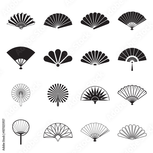 Hand fan icons. Collection of handheld icons isolated on a white background. Icons of folding and rigid fans. Vector illustration.