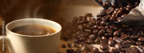 Coffee beans and coffee mug