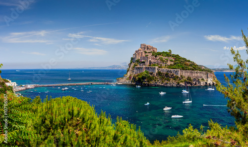 Aragon castle. Hieron I of Syracuse built the fortress in 474 B.C. In 1441 Alfonso of Aragon, rebuilt the old Castle, linking to the main island by the stone bridge. Ischia island, Italy.