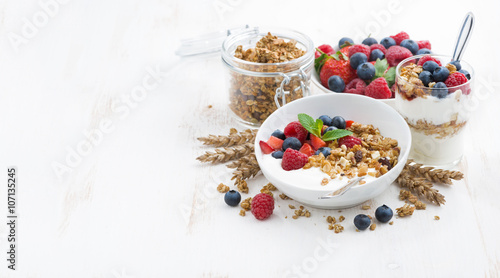 healthy breakfast with natural yogurt, muesli and berries 