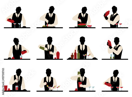 Set of silhouettes of a bartender prepares cocktails vector stoc