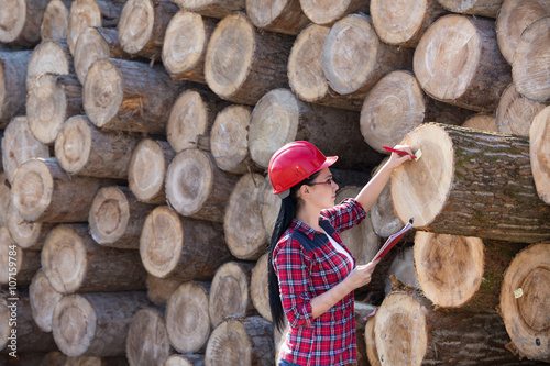 Female forest engineer beside logs