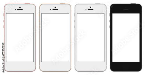 Set of four smartphones gold, rose, silver and black with blank screen. Real camera, high resolution. Template, mockup.