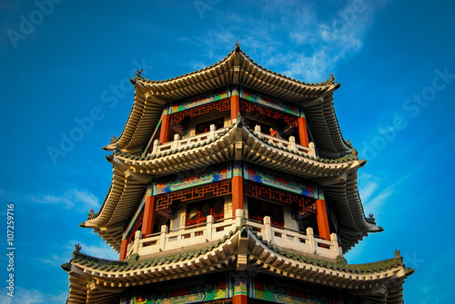 traditional chinese pavilion Lanchao (Observing Tidewater Pavilion) on Xiao Yu hill (Small Fish Mountain Public Park) Shinan district, Qingdao, Shandong province, China