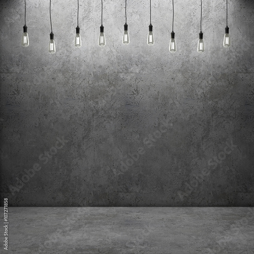 Concrete wall and floor with retro light bulbs. 3D rendering