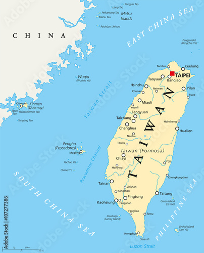 Taiwan, Republic of China, political map with capital Taipei, national borders, important cities, rivers and lakes. English labeling and scaling. Illustration.