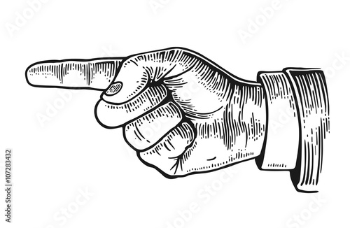 Pointing finger. Vector black vintage engraved illustration isolated on a white background. Hand sign for web, poster, info graphic