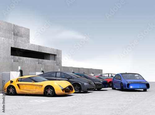Blue electric car park into parking lot. 3D rendering image.