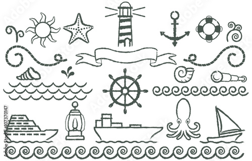 Nautical symbols. Set of symbols related topics sailors drawn with grunge strokes.