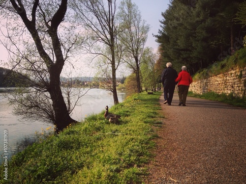 old couple walking riverside - Sesto Calende (italy)