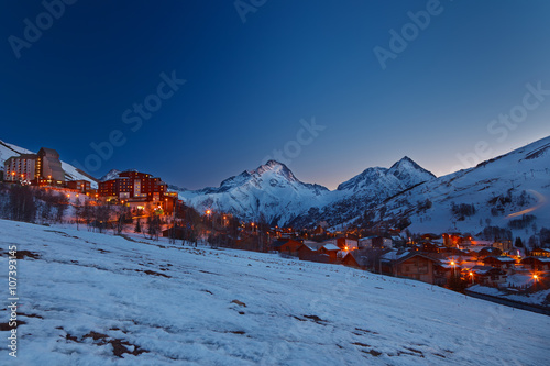 Ski resort in French Alps at night