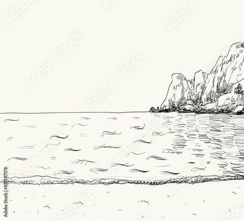 Vector summer seascape sketch. Seaside view and mountain