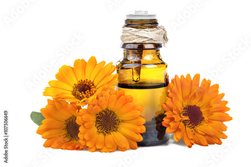 Essential oil made from marigold on a white background