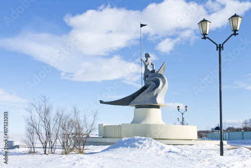 View of winter quay of Lake Onega, Petrozavodsk, Russia. Sculpture "Birth of Petrozavodsk"