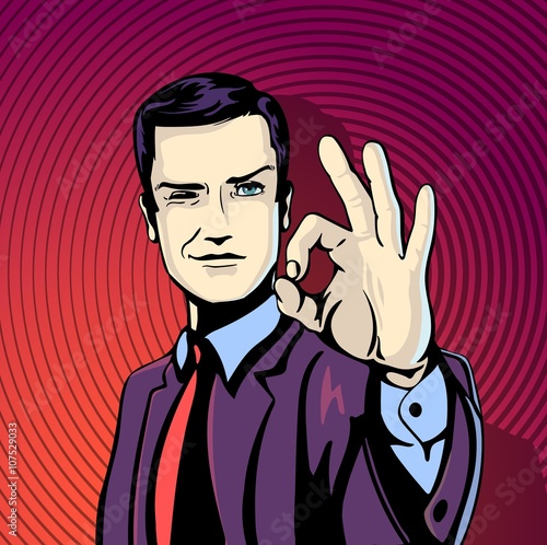 Vector illustration of successful businessman gives ok in vintage pop art comics style. Likes and positive feel. Gesture good, agree and smile.