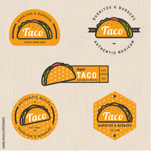 Set of taco logo, badges, banners, emblem for restaurant. Vector illustration.