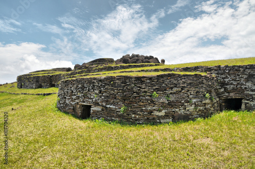 Ceremonial village Orongo on hillsides of the volcano Rano Kao on Easter island 