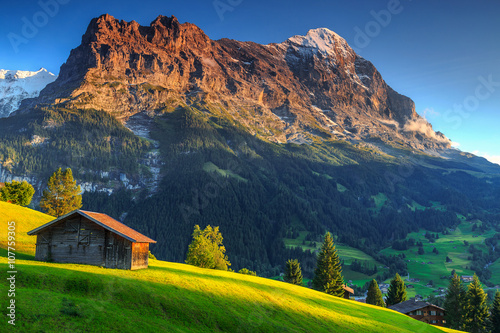 Typical wooden alpine chalets,Eiger North face,Grindelwald,Switzerland,Europe
