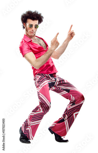 1970s vintage man with pink dress dance isolated on white