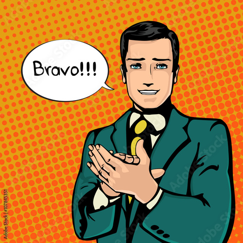 Vector illustration of successful businessman applause in vintage pop art comics style. Likes and positive feel. Gesture good, agree and smile.