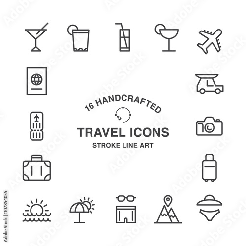 Set of 16 handcrafted travel icons made in stroke line art style.