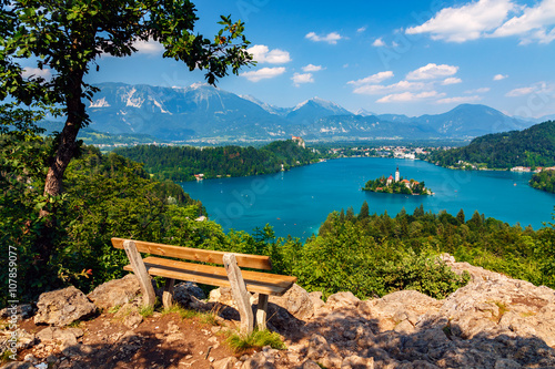 Lake Bled in summer, view from above, Slovenia.