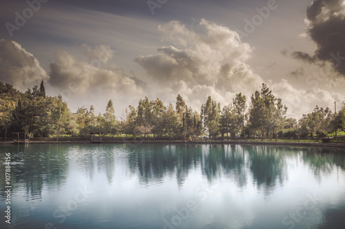 Lake of Zaros at spring with a cloudy sky