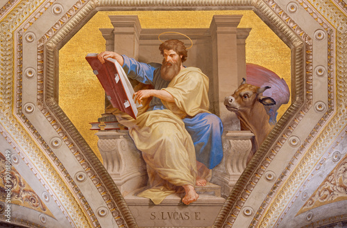 Rome - The fresco of St. Luke the Evangelist in church Chiesa di Santa Maria in Aquiro by Cesare Mariani from (1826 - 1901 in neo-mannerist style.