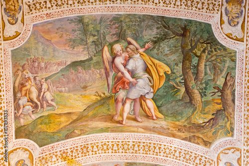ROME, ITALY - MARCH 11, 2016: The Jacob Wrestles with an Angel by Antonio Viviani (1560–1620). Fresco from the vault of stairs in church Chiesa di San Lorenzo in Palatio ad Sancta Sanctorum.