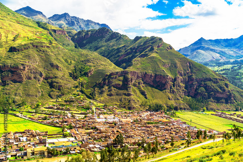 View of Pisac village and the Willkanuta River at the Sacred Valley of the Incas in Peru