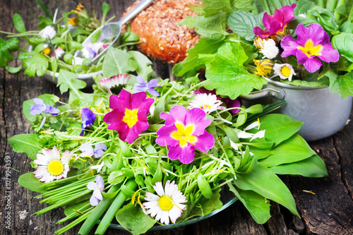 Frühlingssalat, Wildkräuter, essbare Blüten