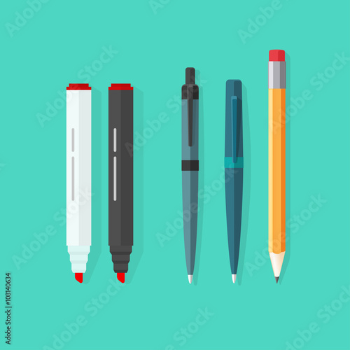 Pens, pencil, markers vector set isolated on green background, ballpoint pens, lead orange dot pen with red rubber eraser, flat biro pen and pencils, stationery cartoon illustration design clipart