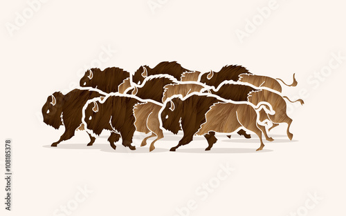Group of buffalo running designed using grunge brush graphic vector