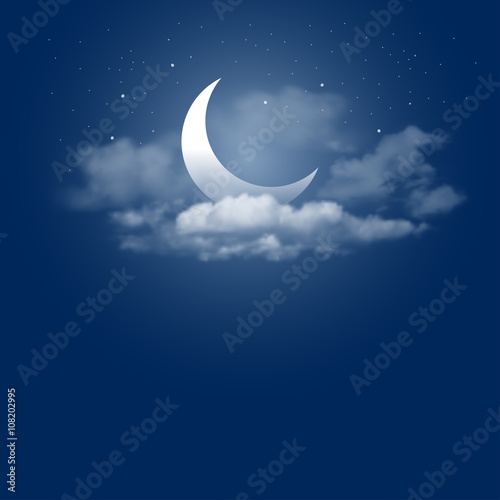 Mystical Night sky background with half moon, clouds and stars. Moonlight night. Vector illustration.