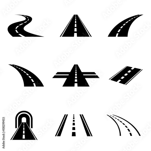 Vector black car road icons set. Highway symbols. Road signs