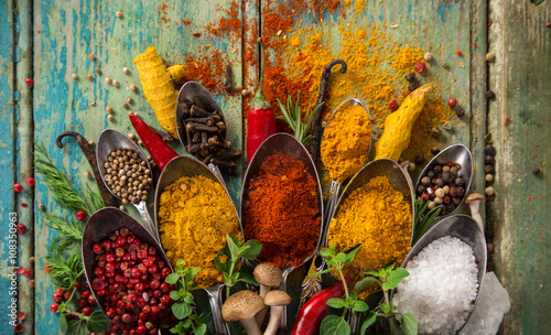 Various colorful spices on wooden table