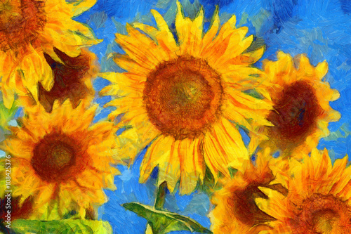 Sunflowers.Van Gogh style imitation. Digital painting.