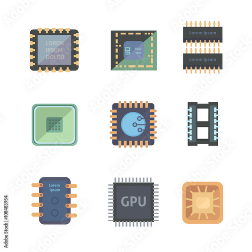 Set of vector microchip icons on white background.