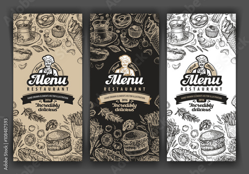 vector vintage sketch food illustration. design template menu covers for restaurant or cafe, eatery, diner, bistro