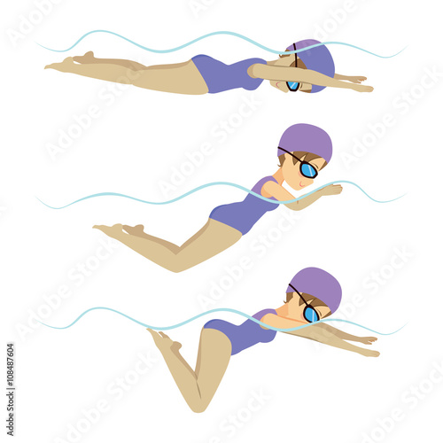 Set with athlete woman swimming breaststroke stroke on various different poses training