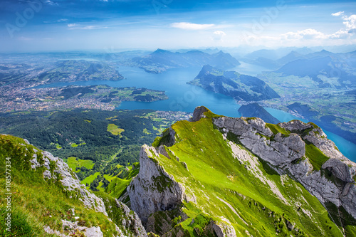 Beautiful view to Lucerne lake (Vierwaldstattersee), mountain Rigi and Swiss Alps from Pilatus mountain, Switzerland