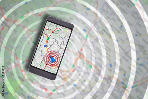 Smartphone with navigation assistant and cartography background