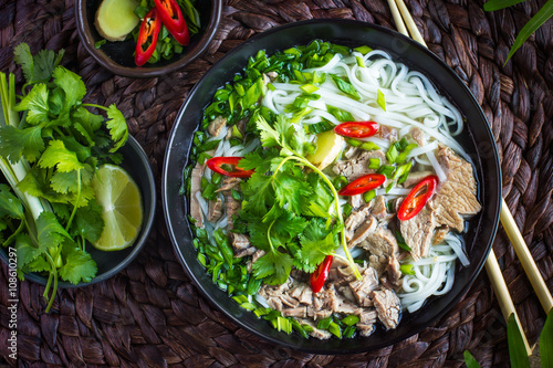 Traditional Vietnamese soup Pho with beef and rice noodle