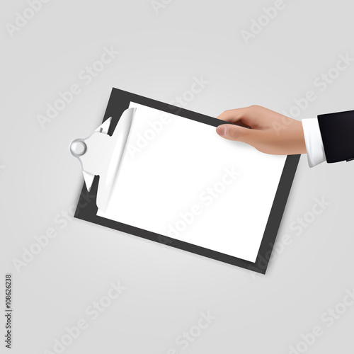 Realistic vector Hand holding clipboard on white. Balnk design