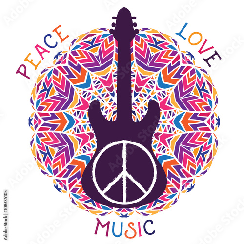 Hippie peace symbol. Peace, love, music sign and guitar on ornate colorful mandala background. Design concept for banner, card, scrap booking, t-shirt, bag, print, poster. Vector illustration