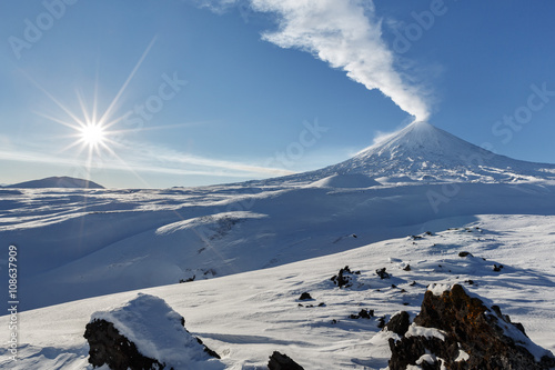 Winter view on eruption Klyuchevskoy Volcano - active volcano of Kamchatka Peninsula