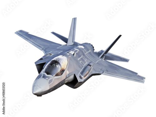 Angled view of a F35 jet aircraft isolated on a white background.